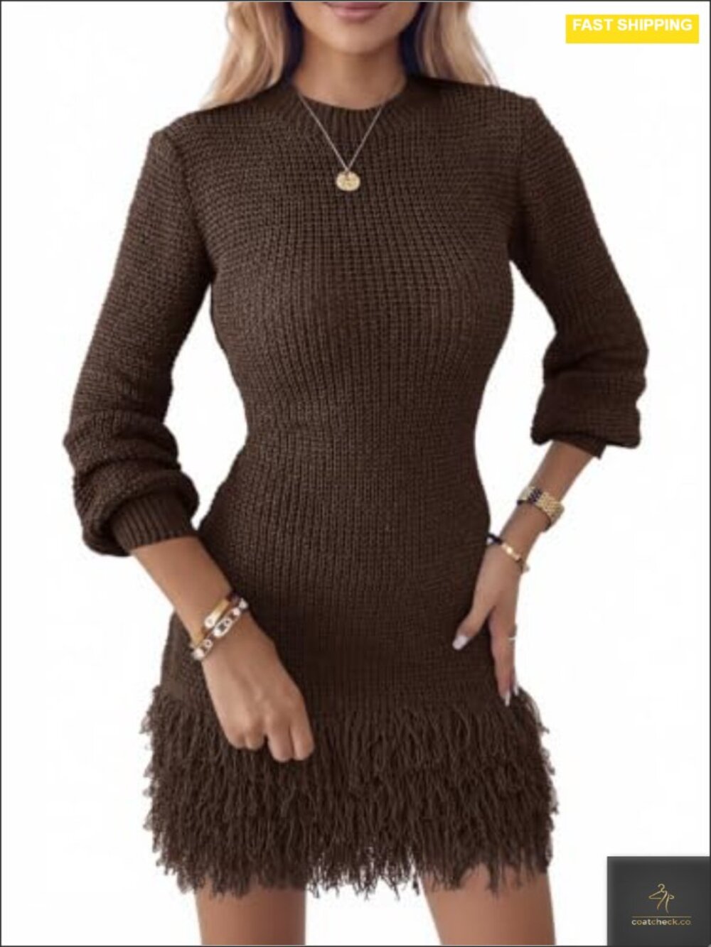 Waffle Knit Fringe Tassel Bodycon Mini Sweater Dress